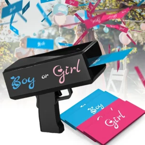 Pistola de dinero para revelación de género con soporte rosa y azul